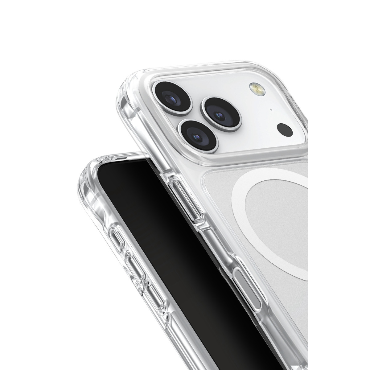 MagSafe halkalı şeffaf koruyucu kılıf içindeki akıllı telefon, arka kameraları gösteriyor.