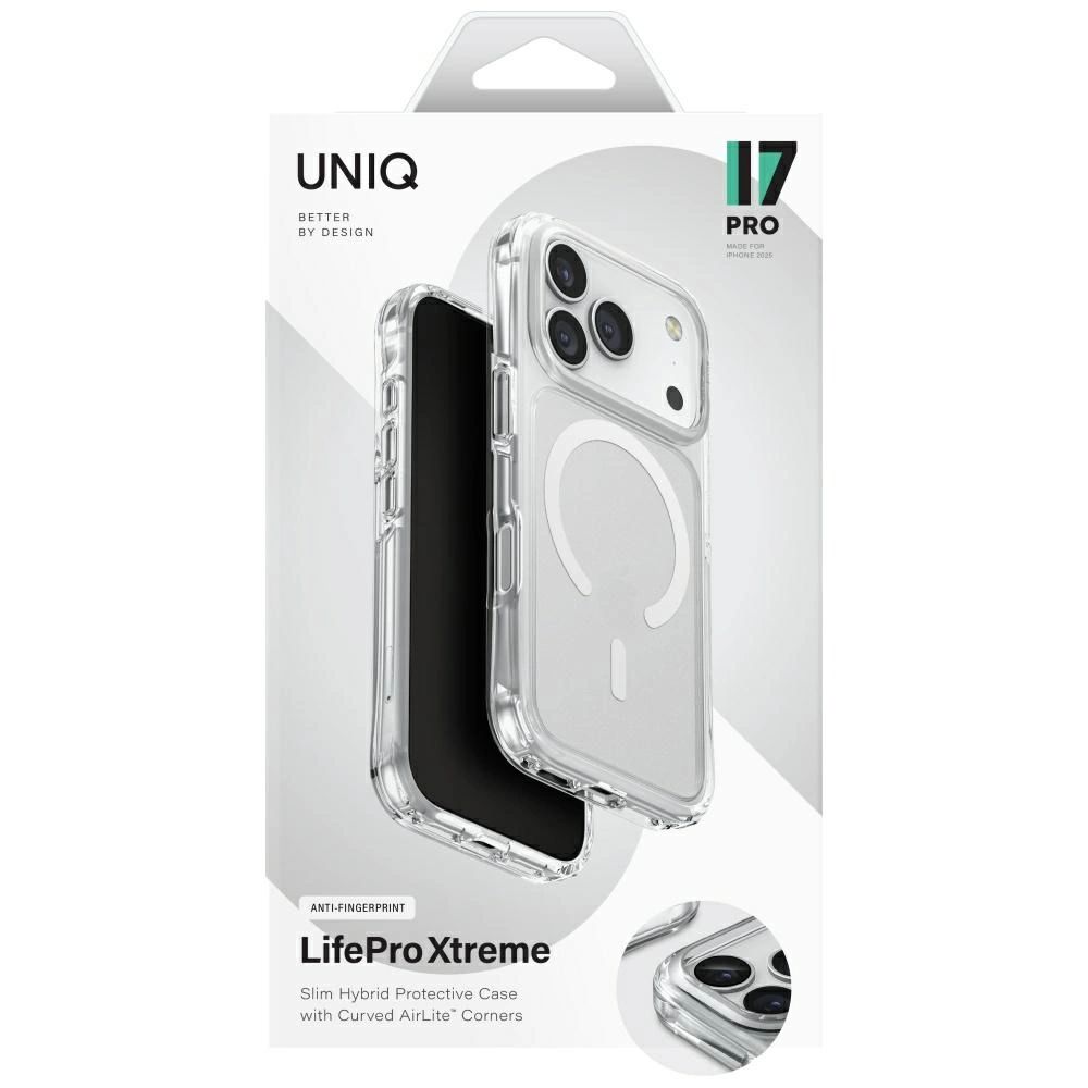 iPhone 17 Pro için şeffaf bir UNIQ LifePro Xtreme telefon kılıfını gösteren ambalaj.