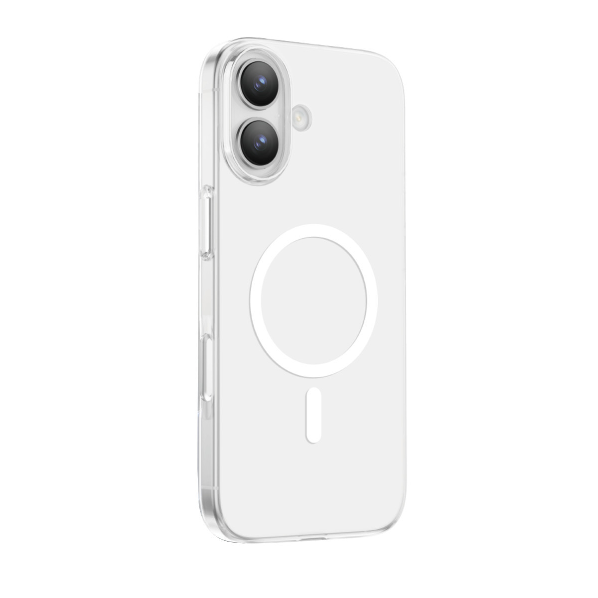 Beyaz arka planda MagSafe halkalı ve dikey kamera kesikli şeffaf telefon kılıfı.