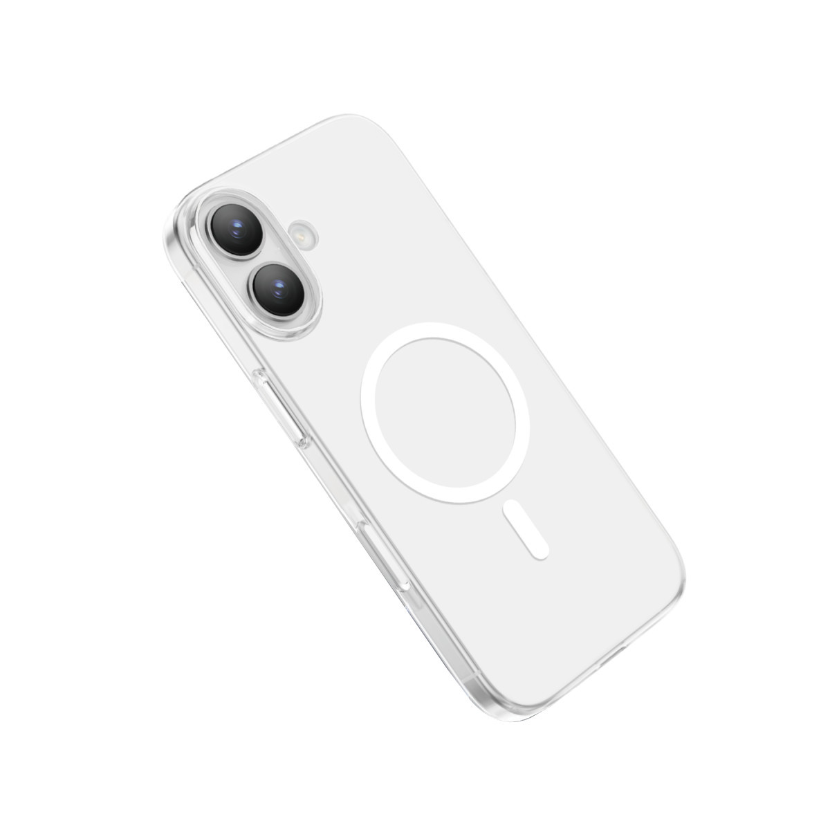 Beyaz arka planda MagSafe halkalı ve iki kamera lensli şeffaf akıllı telefon kılıfı.