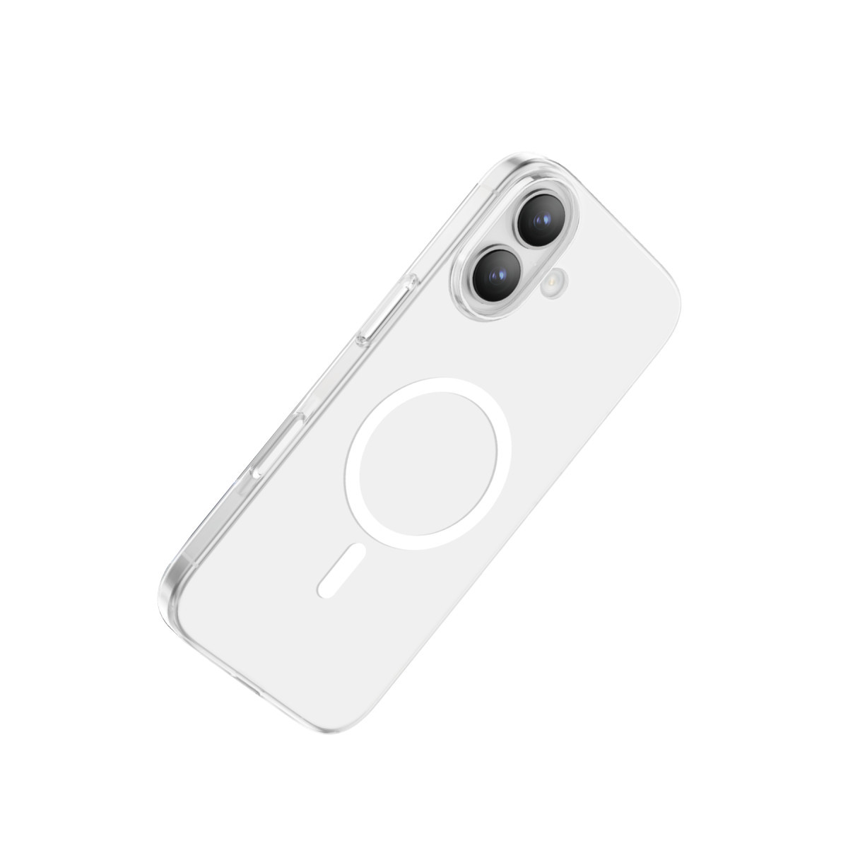 Beyaz arka planda MagSafe halkalı ve çift kamera kesikli şeffaf telefon kılıfı.