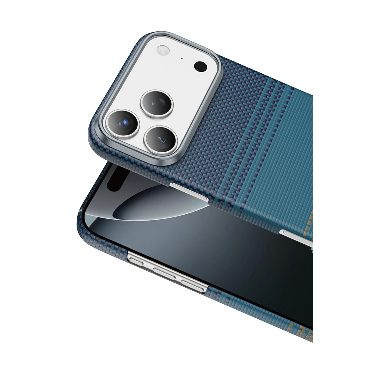 Beyaz arka planda üçlü kamera ve gümüş düğmeler içeren mavi desenli koruyucu kılıf içindeki akıllı telefon.
