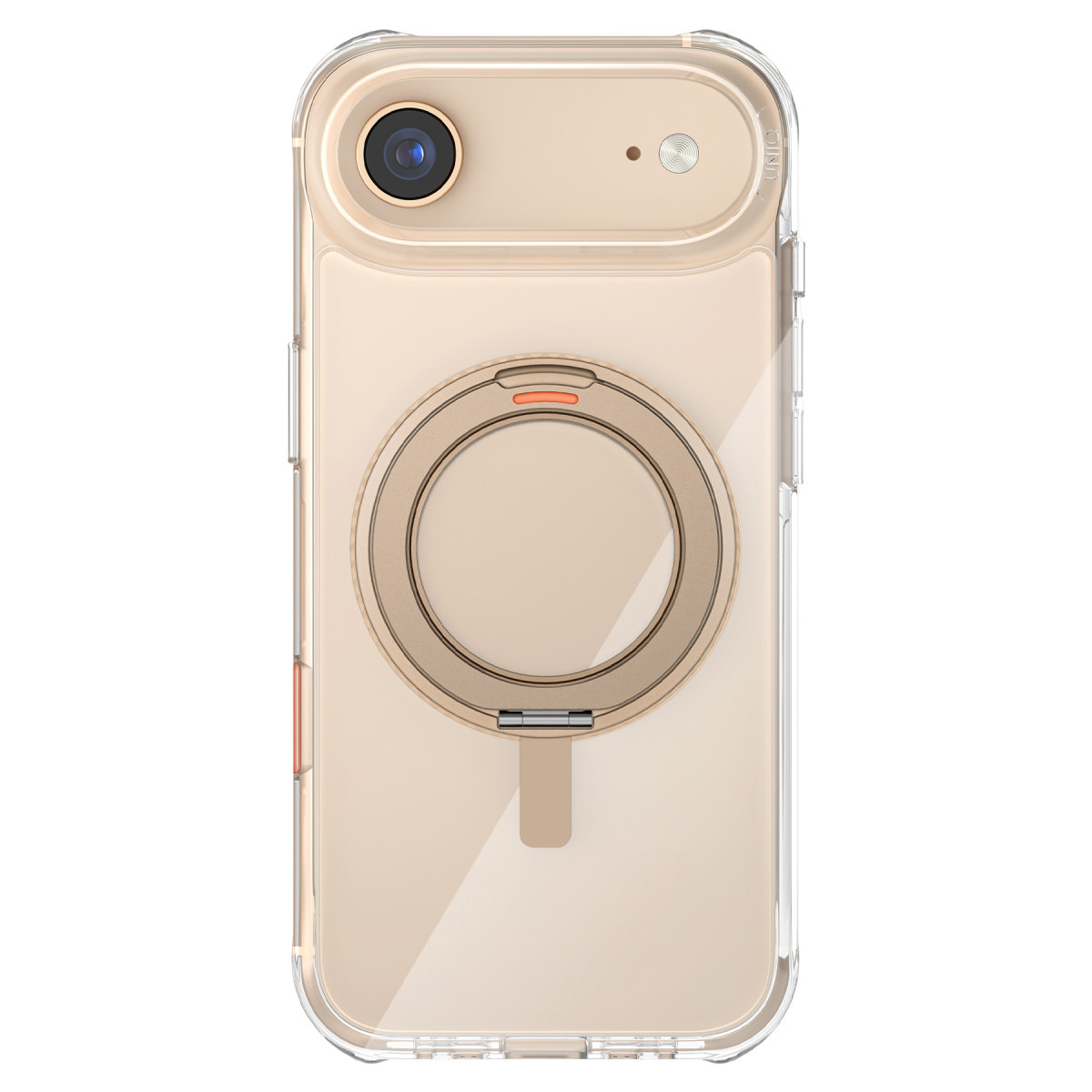 Şeffaf kılıflı altın telefon, kamera lensi ve yuvarlak stantlı.