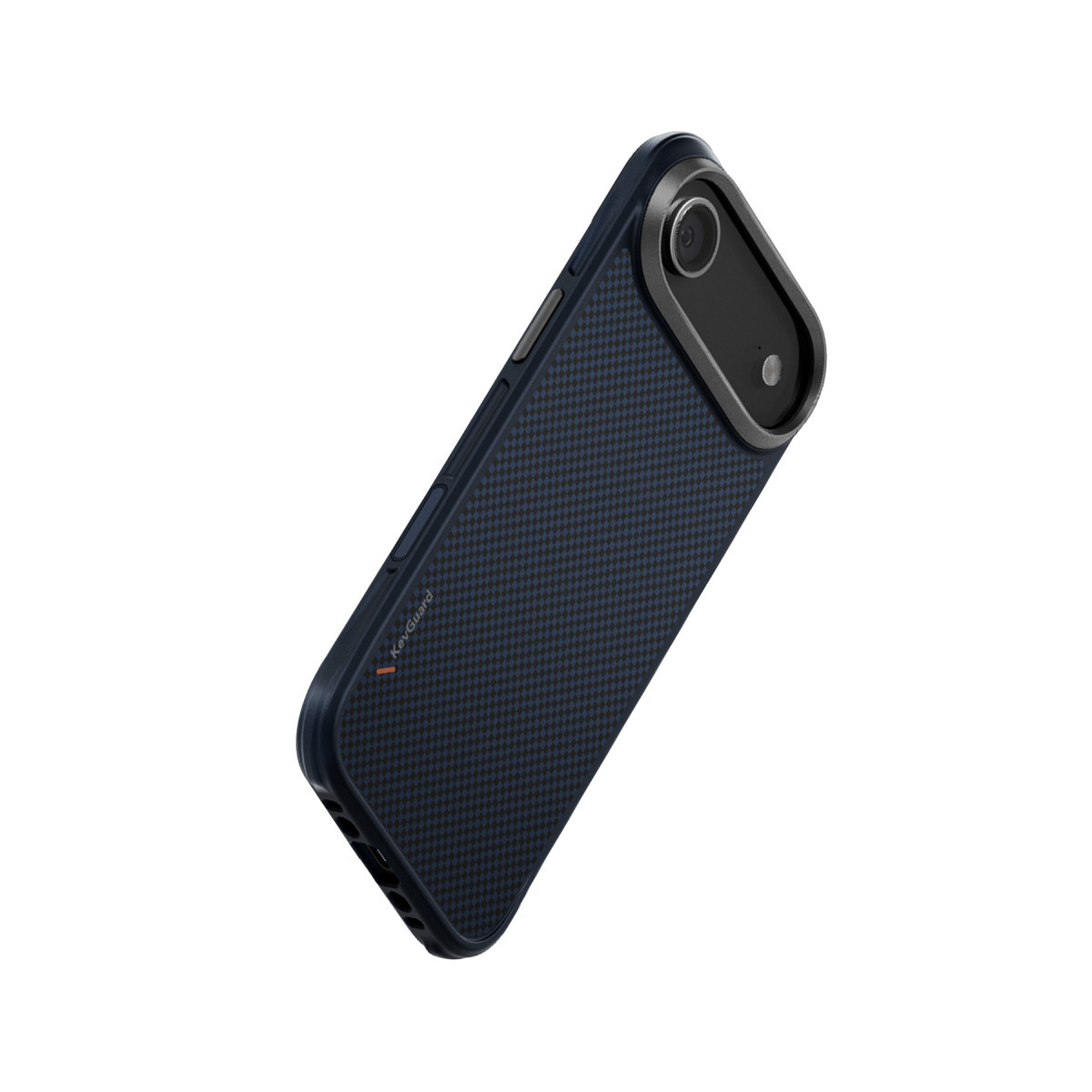 Karbon fiber dokulu ve arka tarafında kamera modülü bulunan koyu mavi akıllı telefon kılıfı, beyaz arka planda.