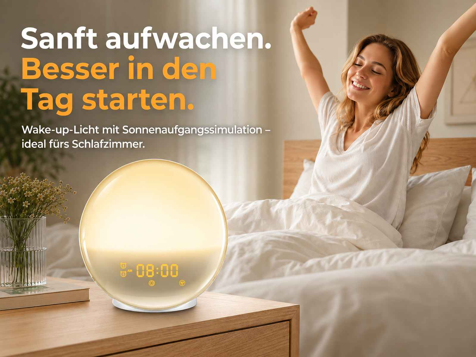 Eine Frau streckt sich morgens im Bett, während ein leuchtender Lichtwecker auf dem Nachttisch die Zeit 08:00 anzeigt.