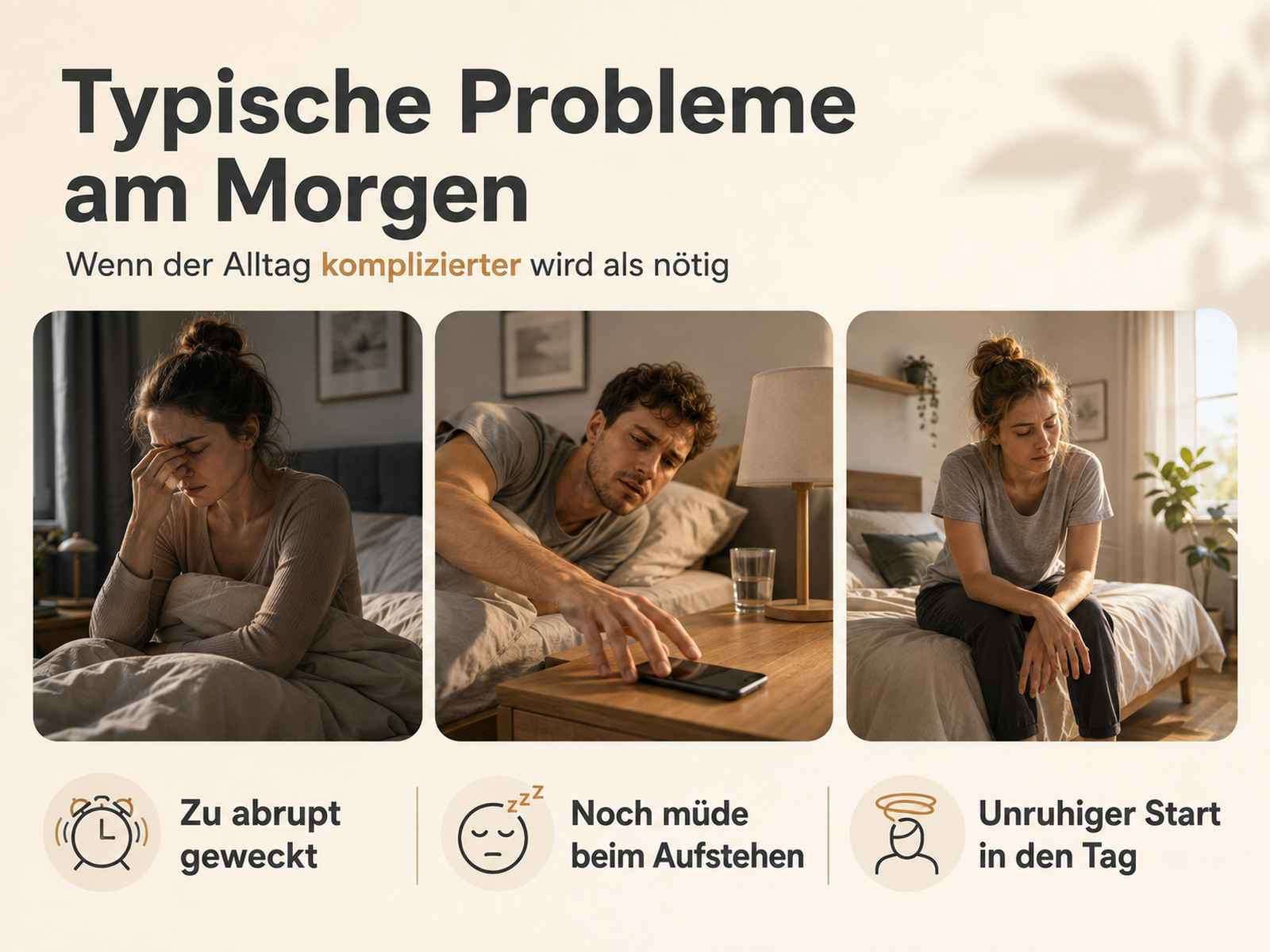 Grafik mit drei Bildern über morgendliche Probleme: gestresstes Aufwachen, Müdigkeit und ein unruhiger Start.
