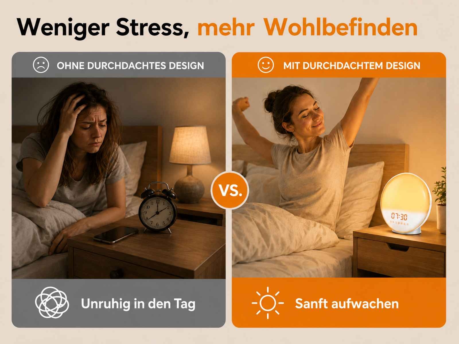 Vergleich: Stress am Morgen mit analogem Wecker vs. entspanntes Aufwachen mit einem Lichtwecker.
