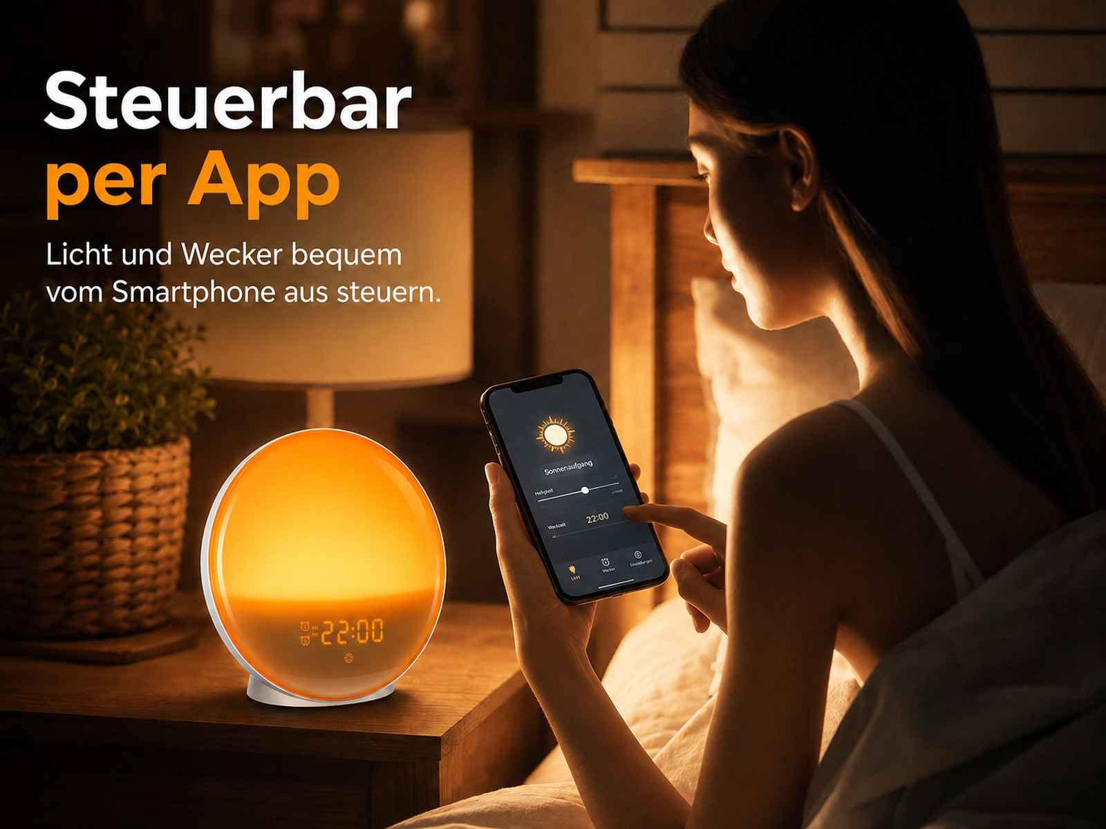 Eine Frau in einem abgedunkelten Raum steuert eine orange leuchtende Lichtwecker-Lampe per Smartphone-App.