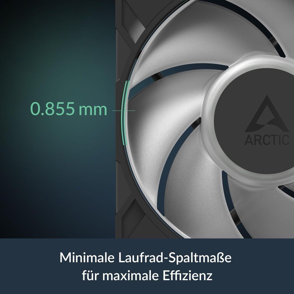 Primo piano di una ventola per PC Arctic che evidenzia uno spazio di 0,855 mm.