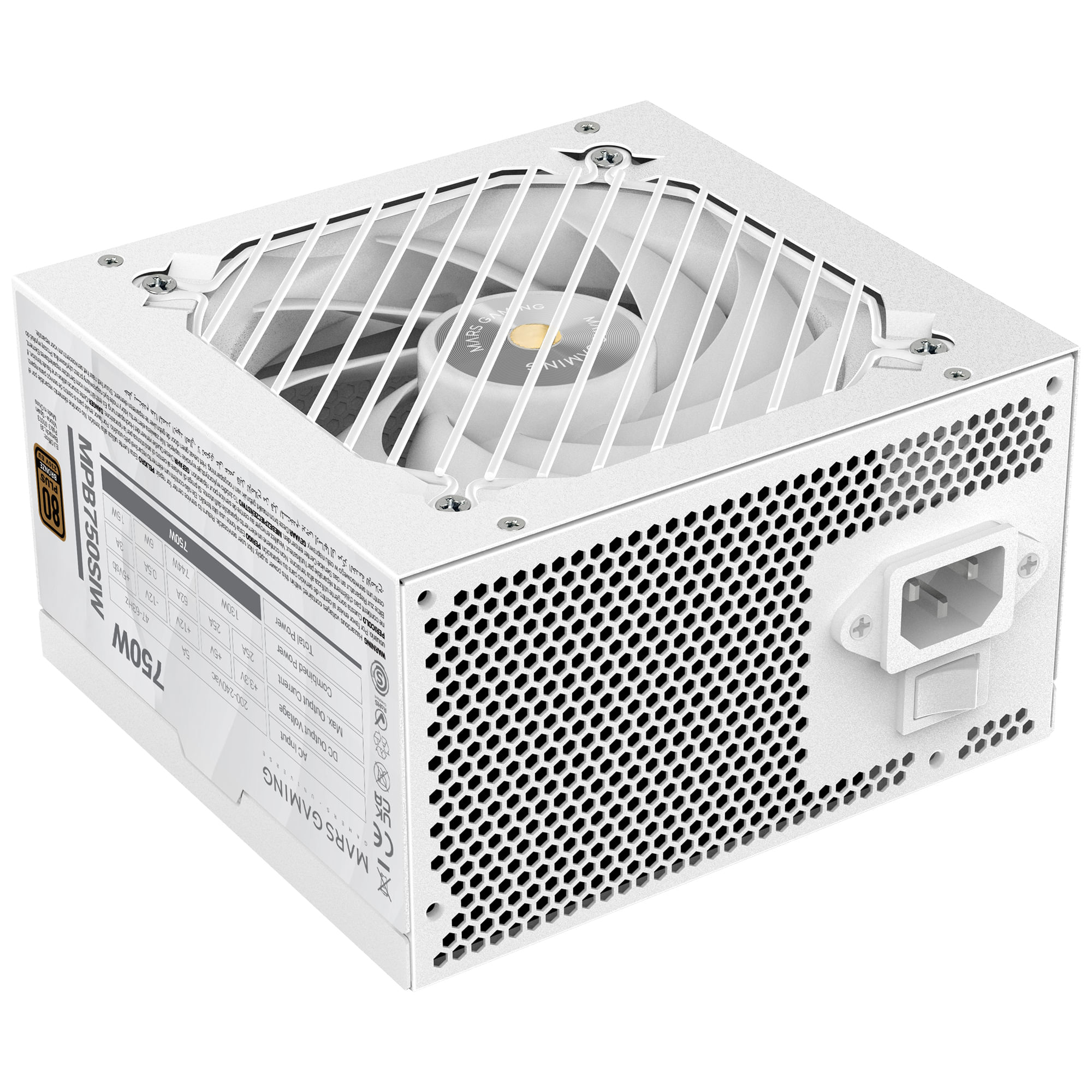Una fuente de poder blanca de 750W para PC con ventilador, rejilla protectora y especificaciones técnicas impresas.