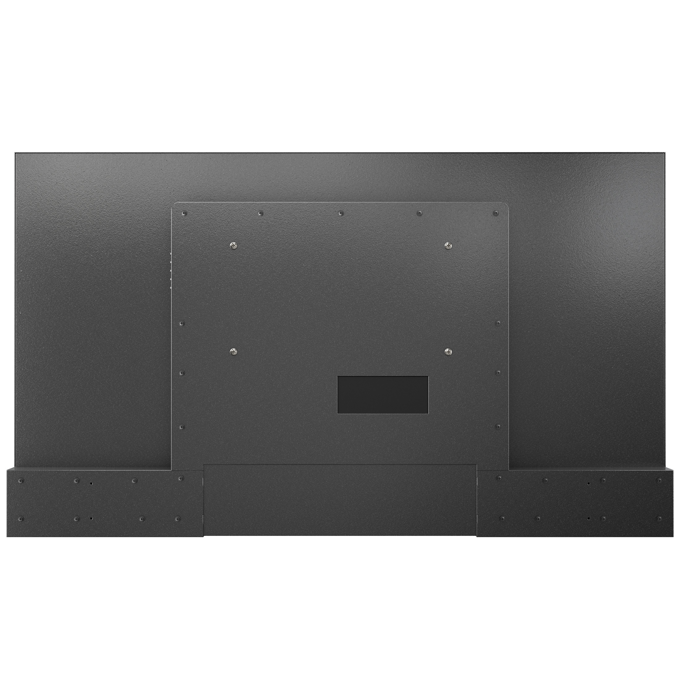Parte trasera de un monitor gris oscuro con placas de montaje y tornillos sobre fondo blanco.