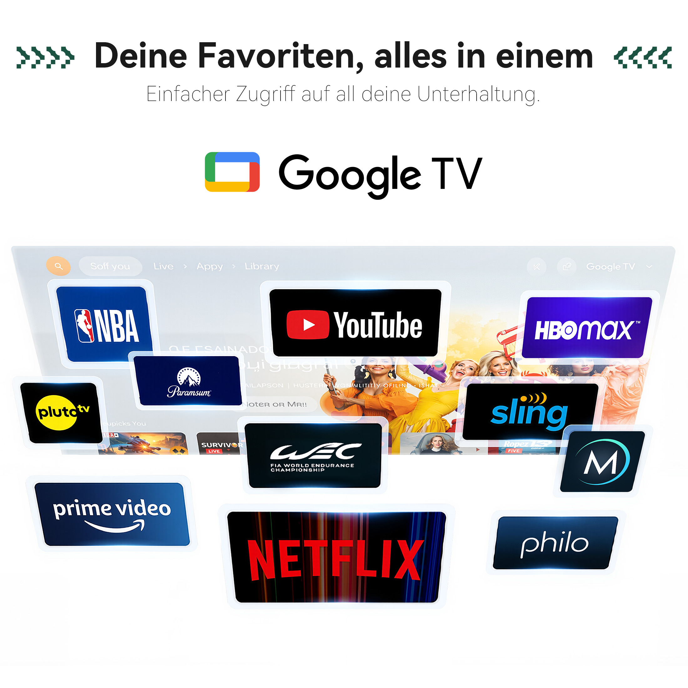 Logotipo de Google TV y varios iconos de aplicaciones de streaming como YouTube, Netflix y Prime Video.