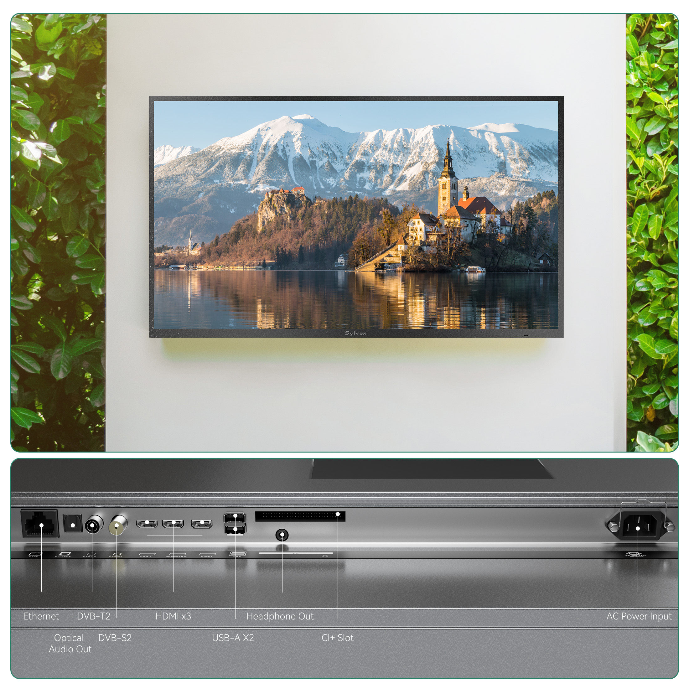 Un televisor de pantalla plana en una pared blanca muestra un paisaje lacustre alpino; abajo se ven los puertos.