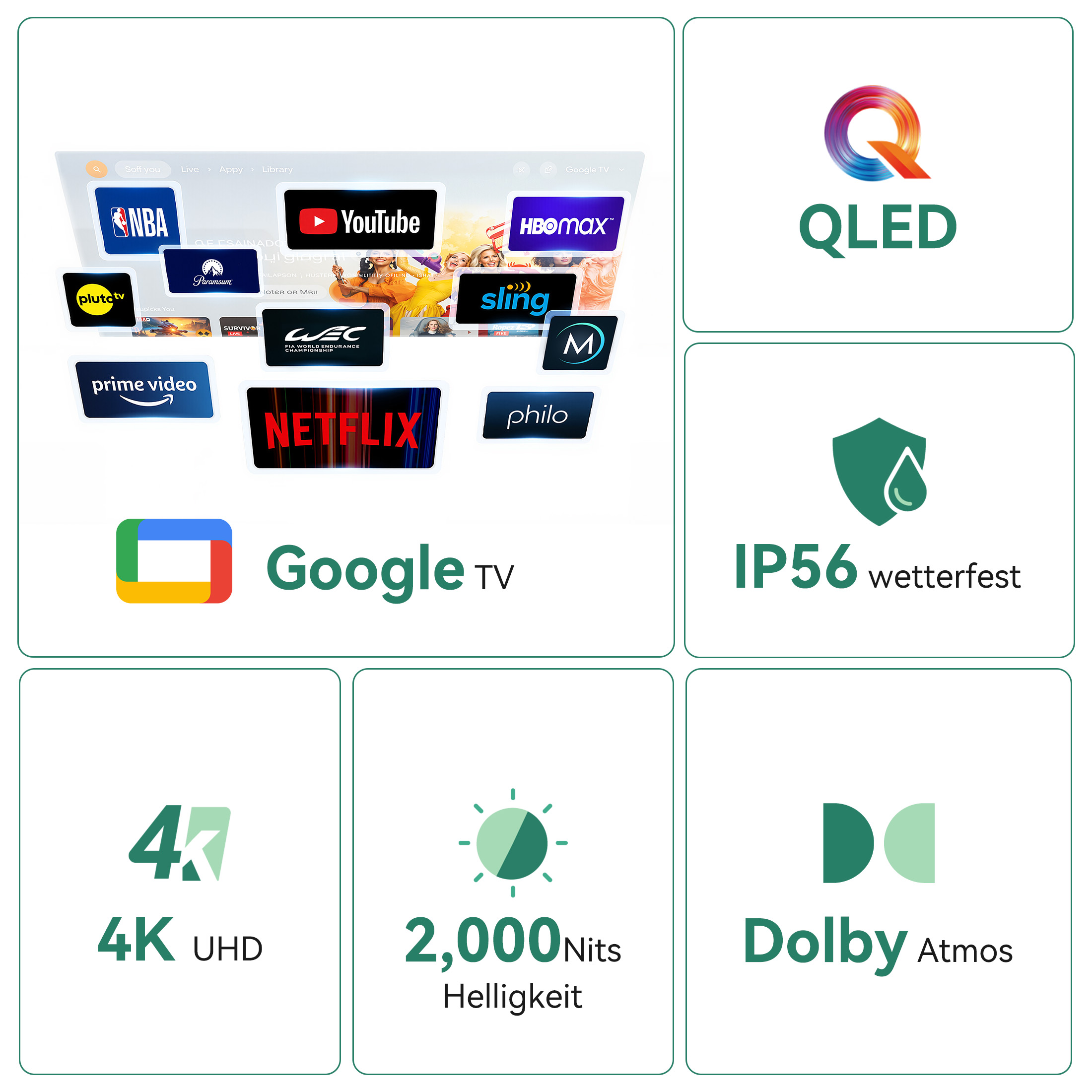 Interfaz de Google TV con aplicaciones, y símbolos de QLED, IP56, 4K, brillo y Dolby Atmos.