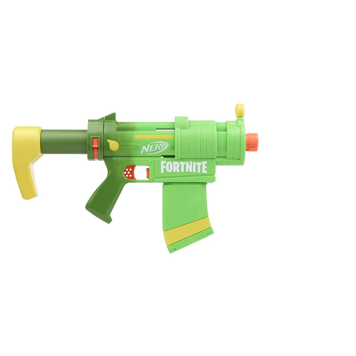 Blaster de juguete de plástico Nerf Fortnite verde con detalles amarillos sobre fondo blanco.