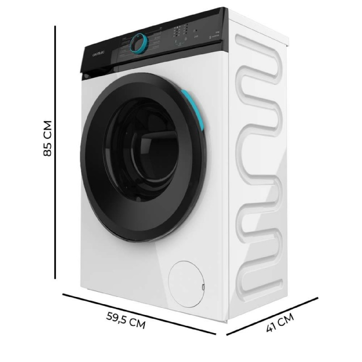 Lavadora frontal blanca con dimensiones de 85 cm de alto, 59,5 cm de ancho y 41 cm de fondo.