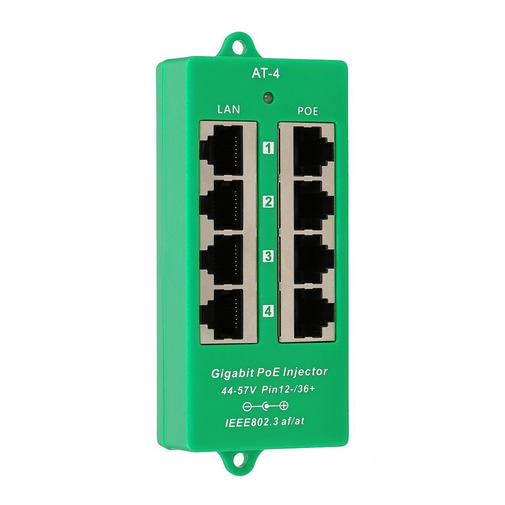 Iniettore PoE Gigabit verde con quattro porte LAN e quattro porte PoE su sfondo bianco.