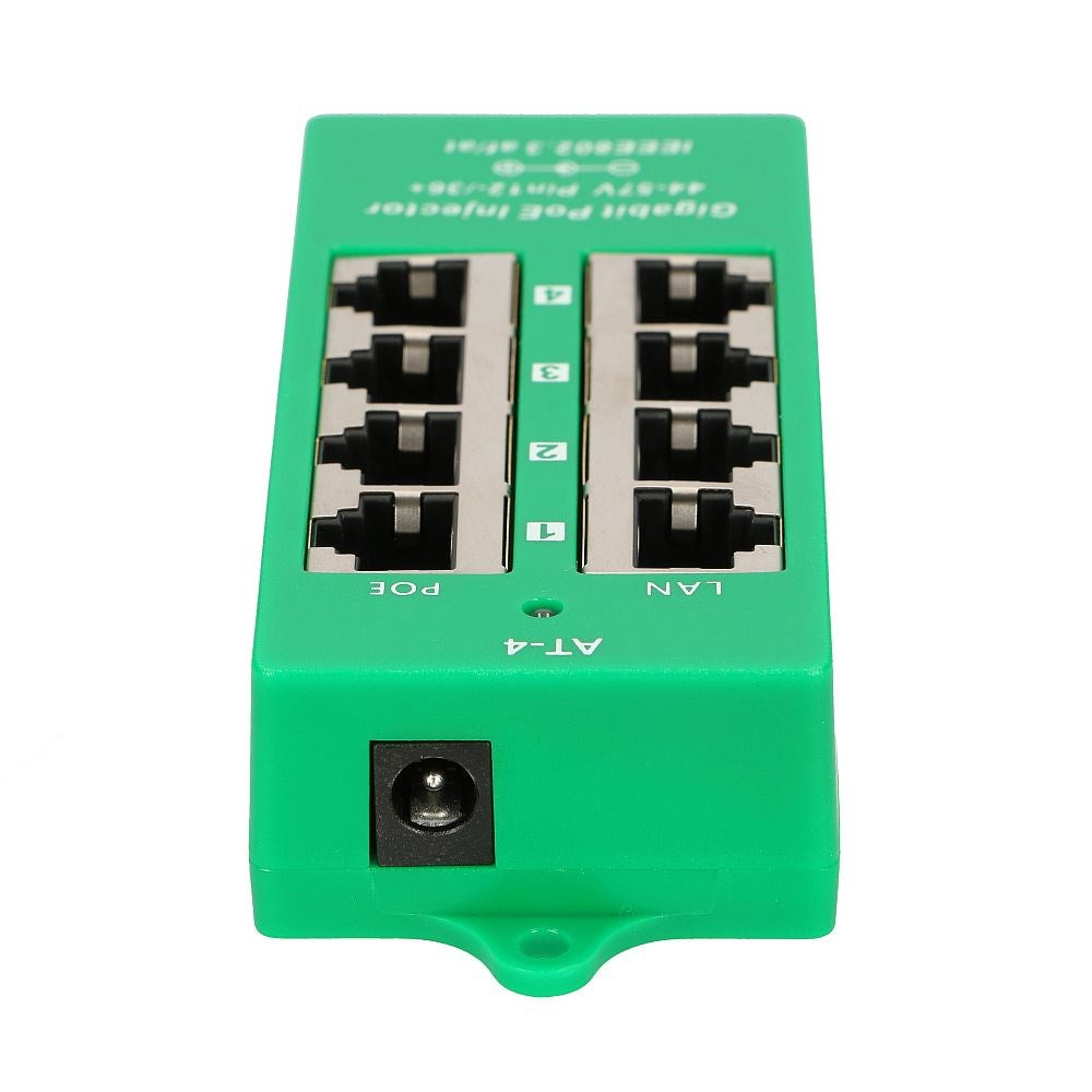 Iniettore PoE Gigabit verde con porte PoE e LAN e un connettore di alimentazione.