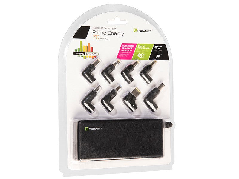 Alimentation pour ordinateur portable Tracer dans son emballage avec huit embouts noirs et un boîtier d'alimentation.