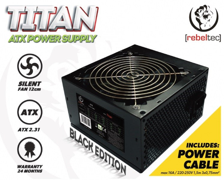 Alimentatore Titan ATX con custodia nera e grande griglia argentata.