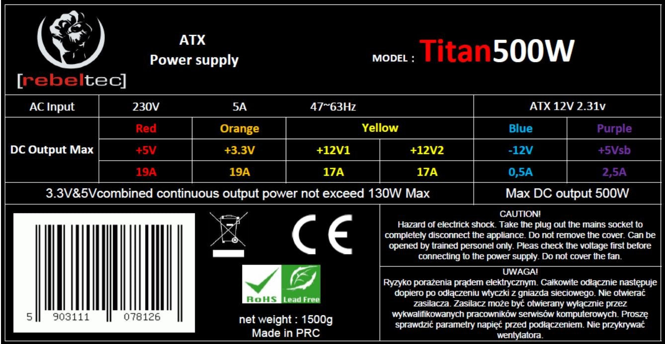 Etichetta alimentatore ATX Titan 500W con specifiche tecniche, codice a barre e avvertenze.