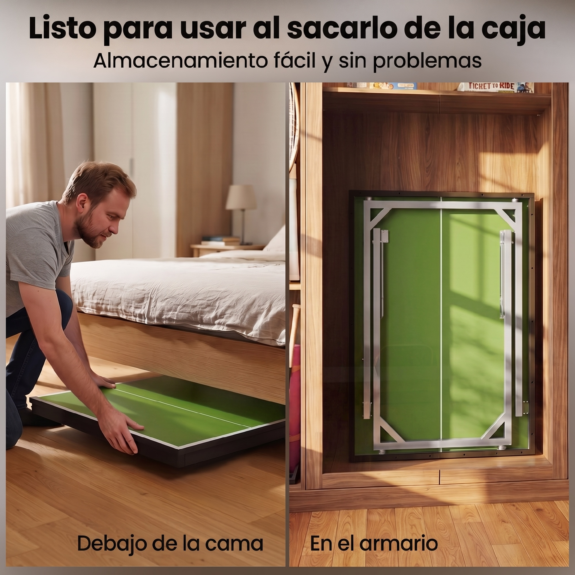 Una mesa plegable se guarda bajo la cama o en el armario, ideal para espacio fácil.