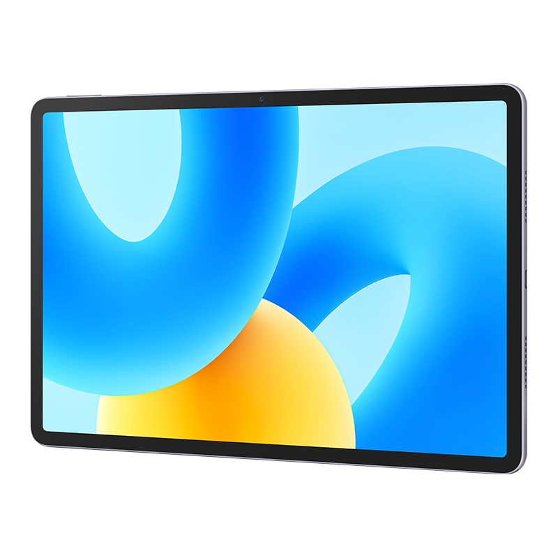 Tablet w ciemnej ramce wyświetla kolorowy, abstrakcyjny ekran z niebieskimi i żółtymi zakrzywionymi kształtami.