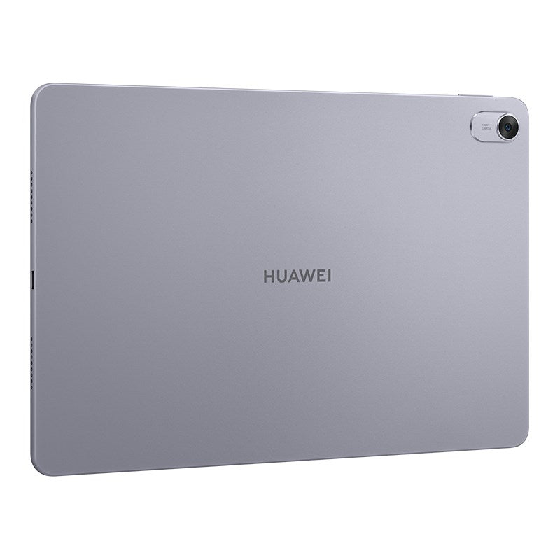 Tył szarego tabletu Huawei z pojedynczym aparatem w prawym górnym rogu i logo na środku.