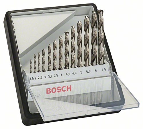 Un set di punte da trapano Bosch in scatola di plastica con misure da 1,5 a 6,5 mm.