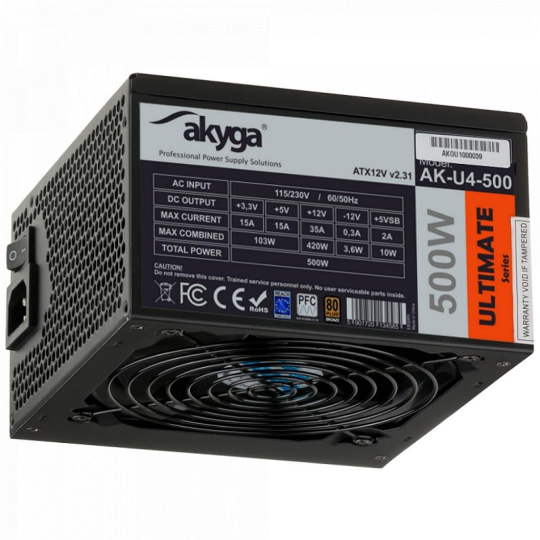 Czarny zasilacz komputerowy Akyga 500W z wentylatorem i tabelą specyfikacji technicznych.