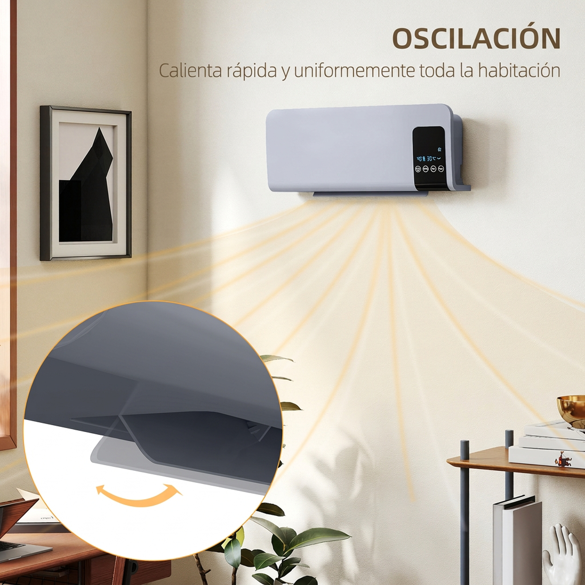 Calefactor de pared con oscilación y rayos de calor naranjas, con primer plano del mecanismo.