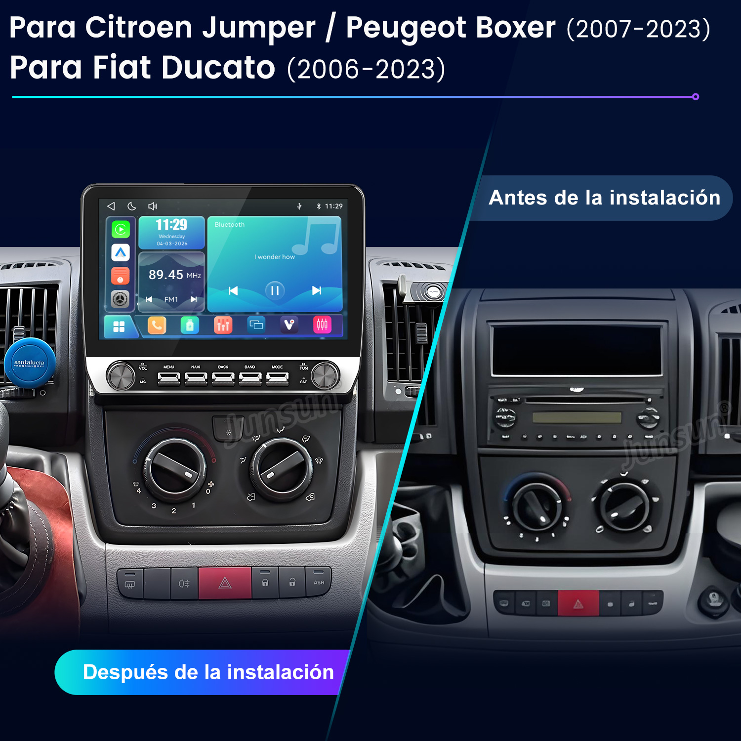 Comparación de un salpicadero antes y después de instalar un nuevo sistema multimedia táctil.