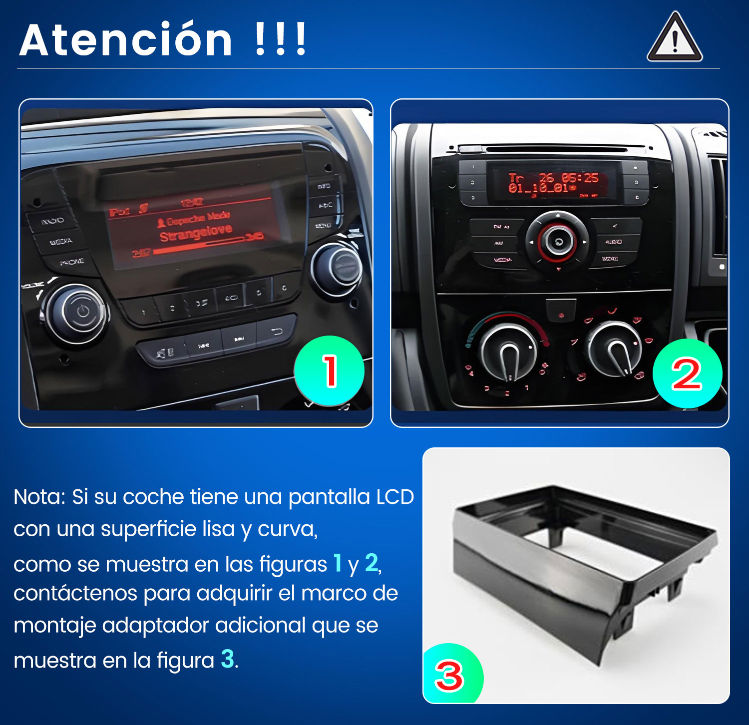 Comparación de dos autorradios con pantallas LCD y el marco adaptador de montaje negro.