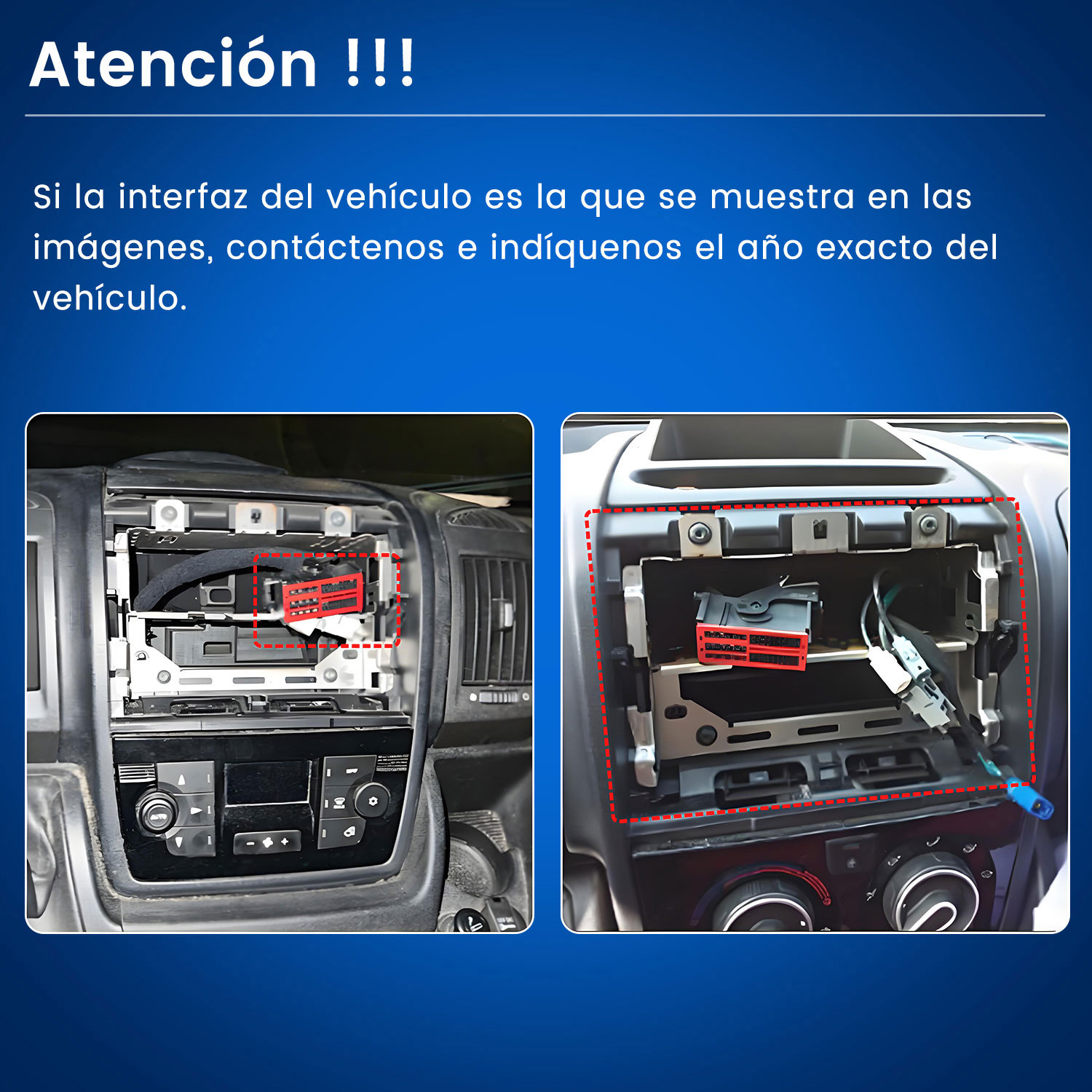 Imagen infográfica azul con dos salpicaderos de coche y texto en rojo sobre las interfaces del vehículo.