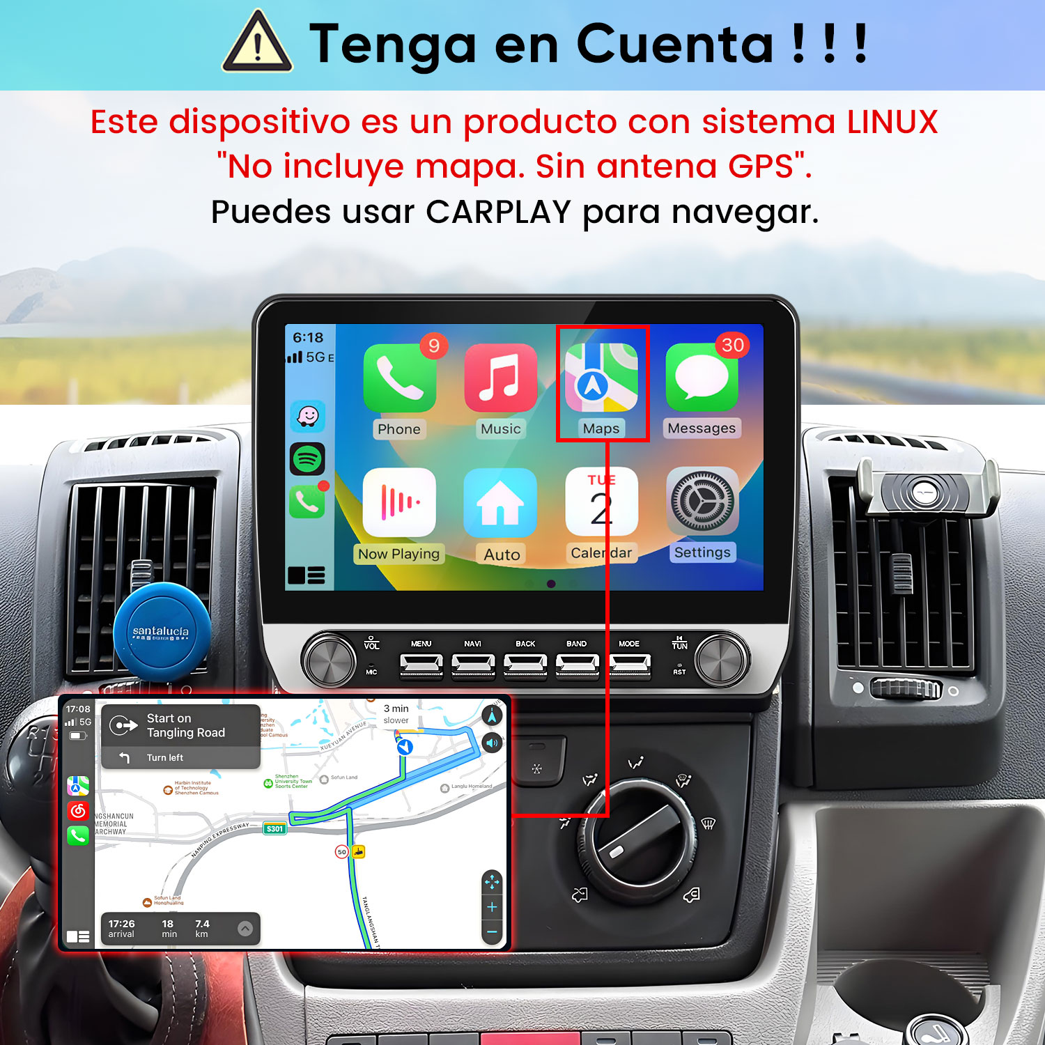 Radio de coche Linux con navegación CarPlay en el salpicadero.