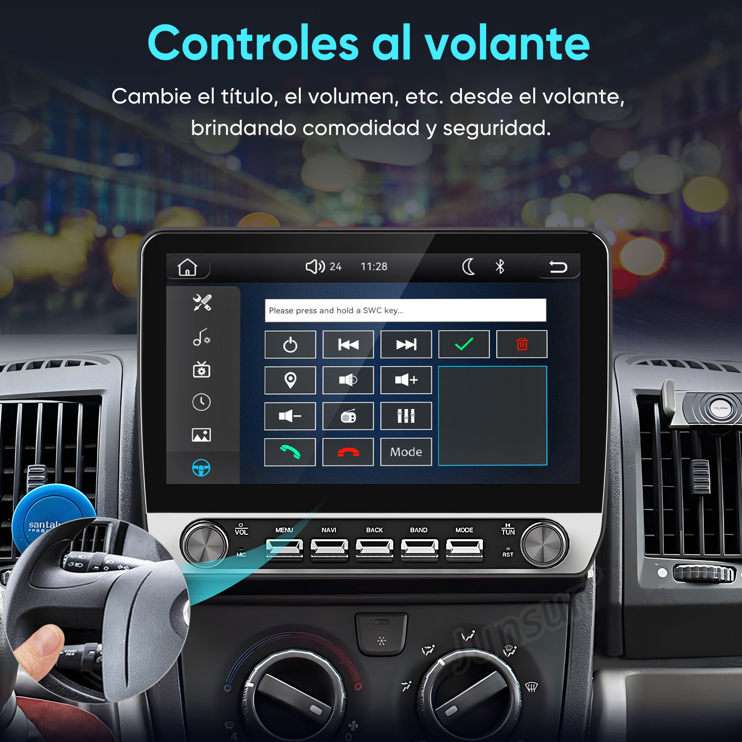Radio de coche con pantalla táctil y botones, mientras una mano muestra un volante.