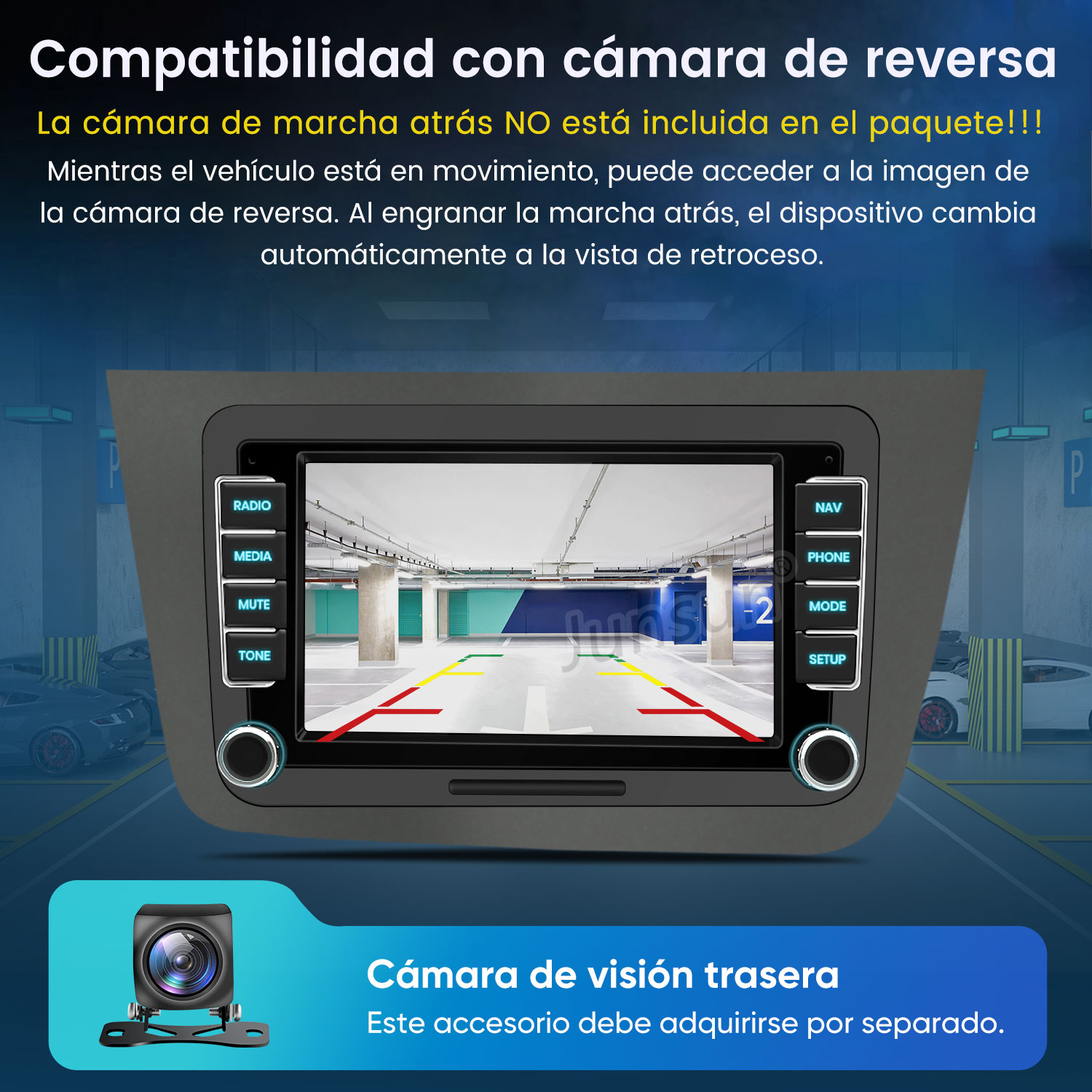 Autoradio con pantalla que muestra la vista de un estacionamiento con líneas de guía para la cámara.