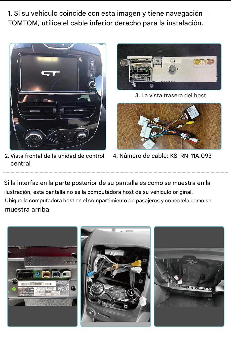 Guía de instrucciones con fotos que muestran la radio del coche, puertos traseros y cables.