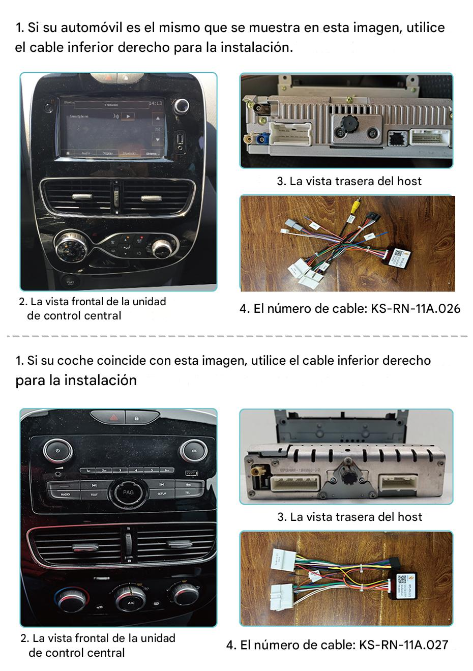 Instrucciones de instalación de la unidad central de coche con varios cables y vistas.