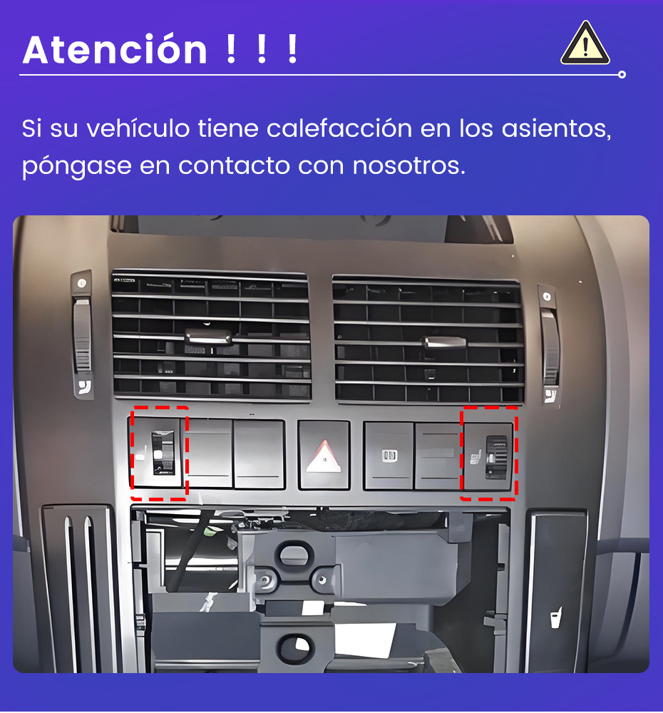 Salpicadero de coche con salidas de aire e interruptores de calefacción de asientos destacados y texto de aviso.