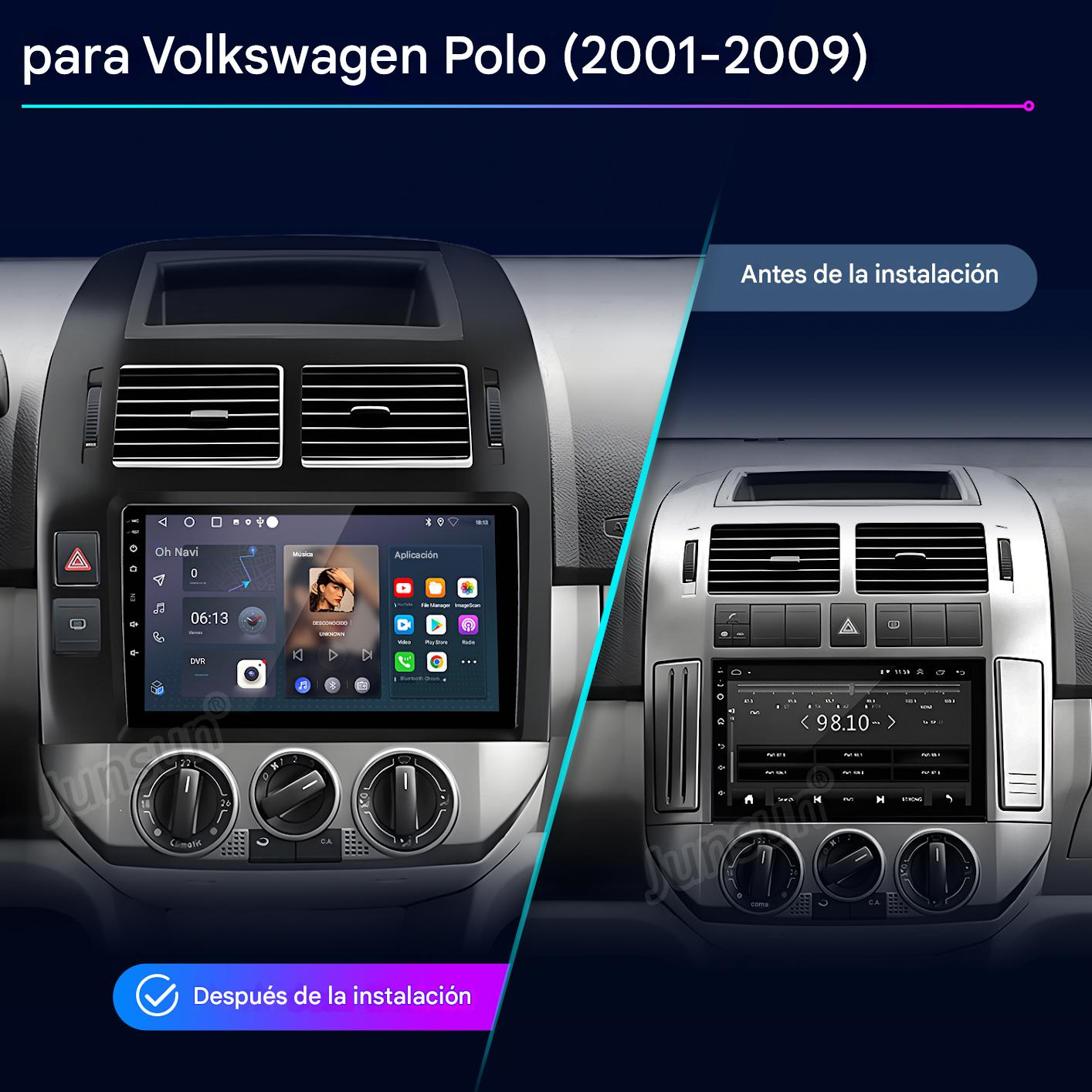 Comparación del salpicadero de un VW Polo antes y después de instalar un nuevo sistema de infoentretenimiento.