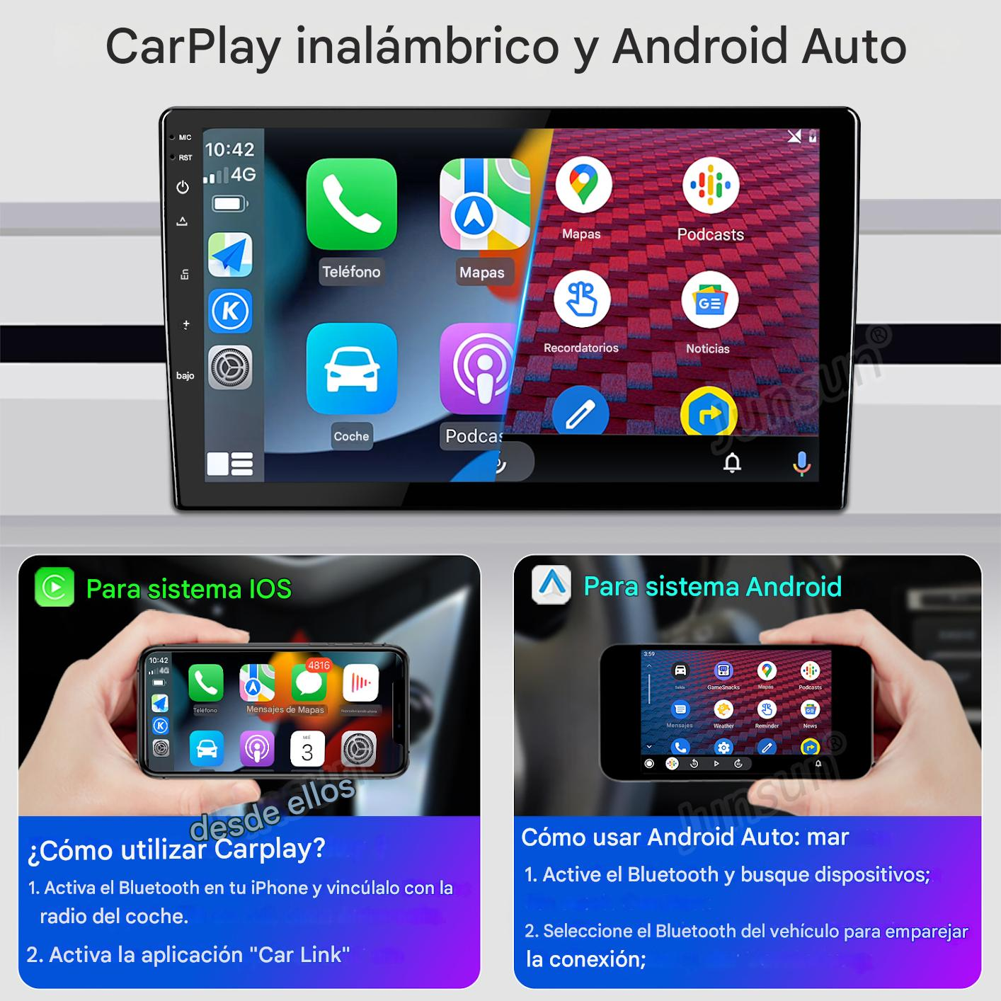Pantalla de coche que muestra interfaces de CarPlay y Android Auto con instrucciones.