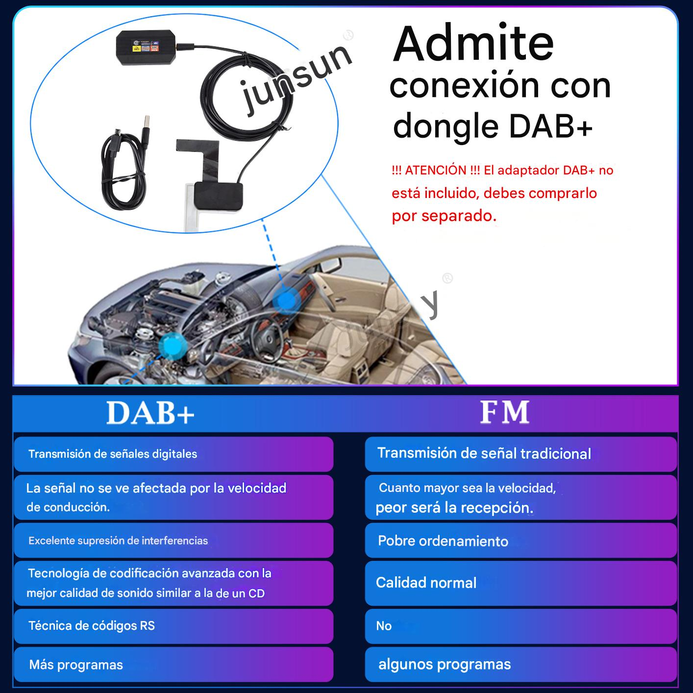 Diagrama muestra funciones de radio DAB+ y FM con accesorios y tablas comparativas.