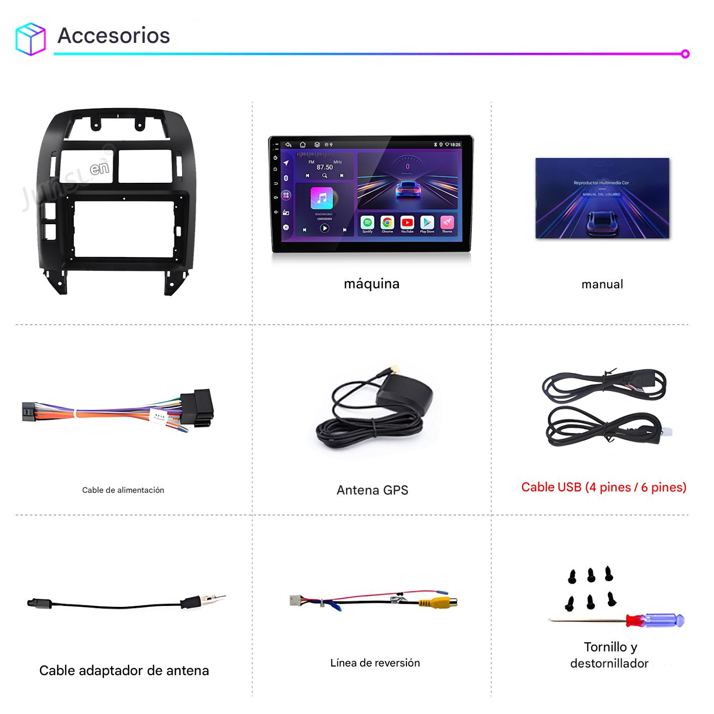 Cuadrícula de accesorios para autorradio que incluye pantalla, cables, antena, tornillos y marco sobre fondo blanco.
