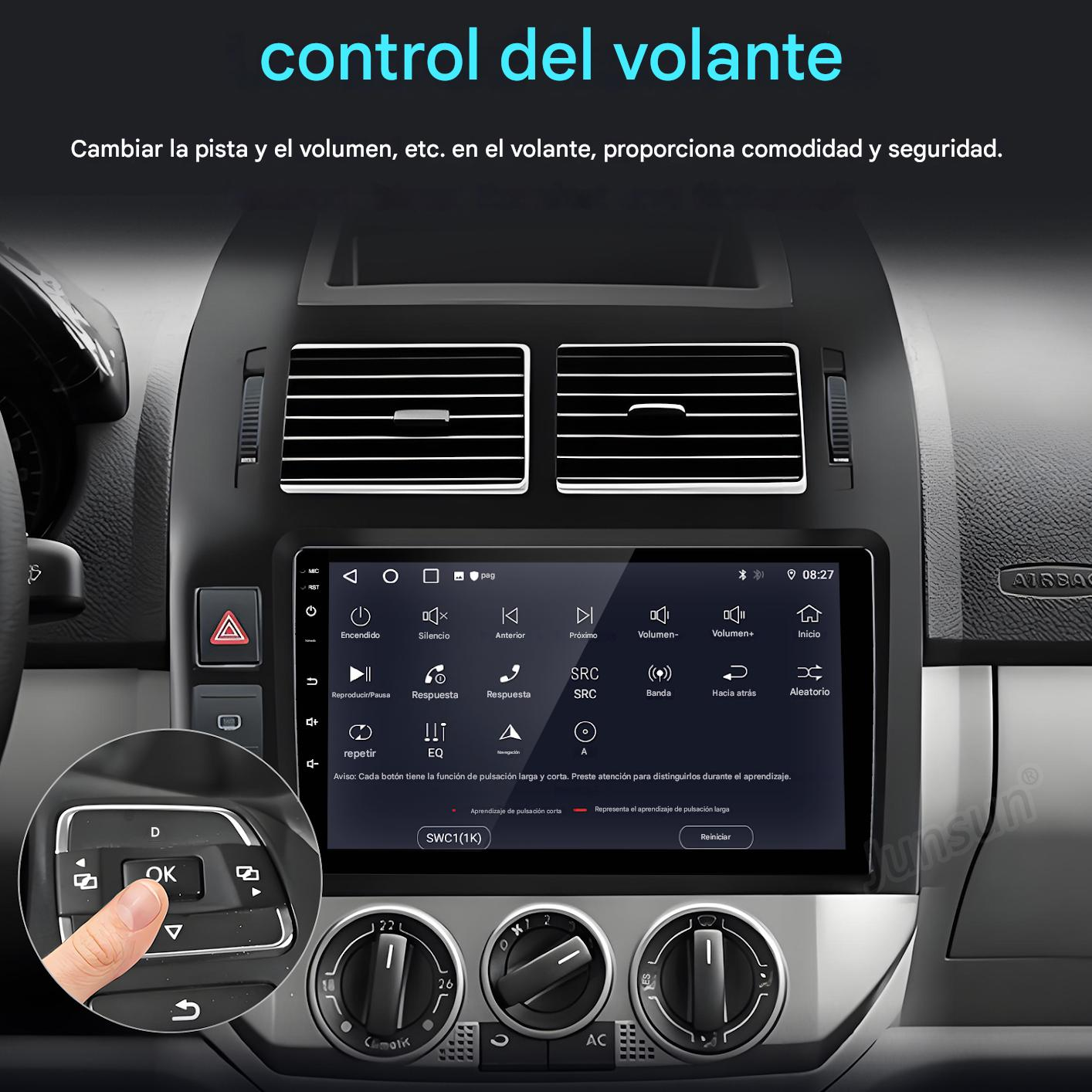 Interior de coche con pantalla táctil y primer plano de mandos.