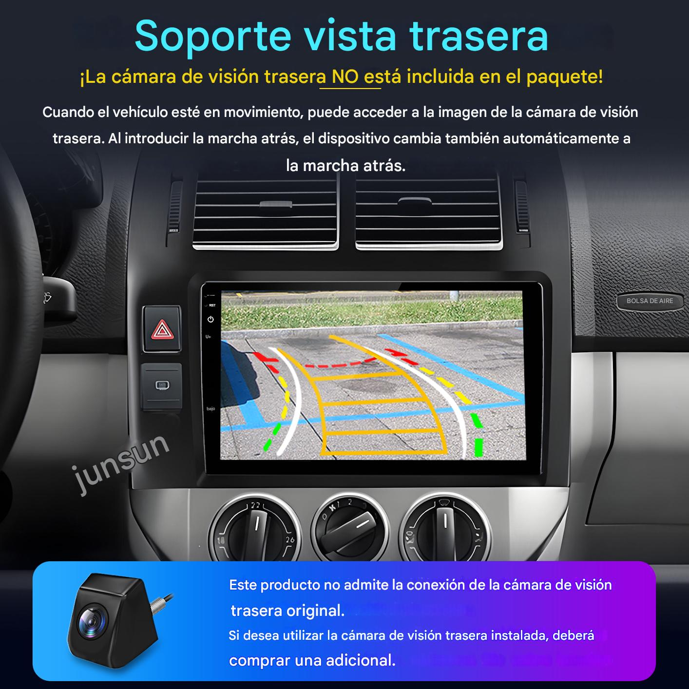 La pantalla de un coche muestra la cámara trasera con líneas de guía de aparcamiento amarillas y azules.