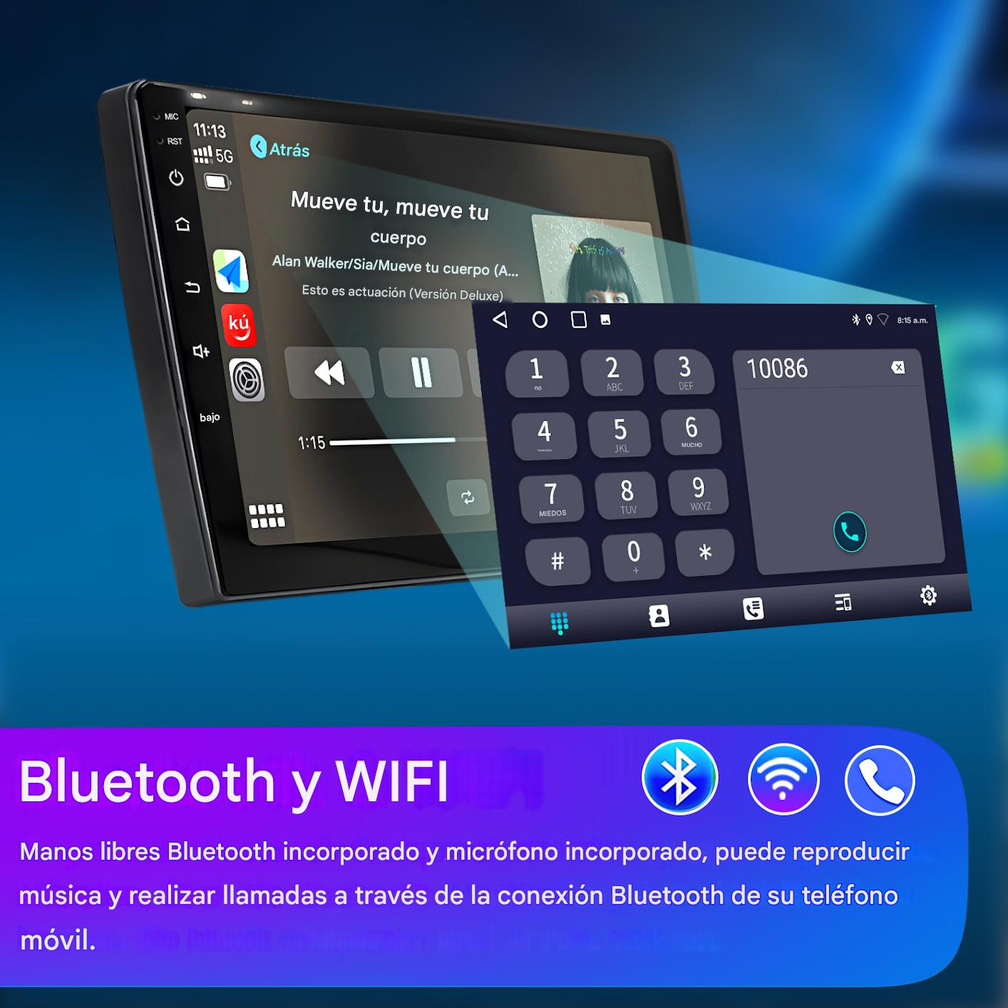 Estéreo de coche con Bluetooth, Wi-Fi, reproductor de música y teclado telefónico sobre fondo azul.