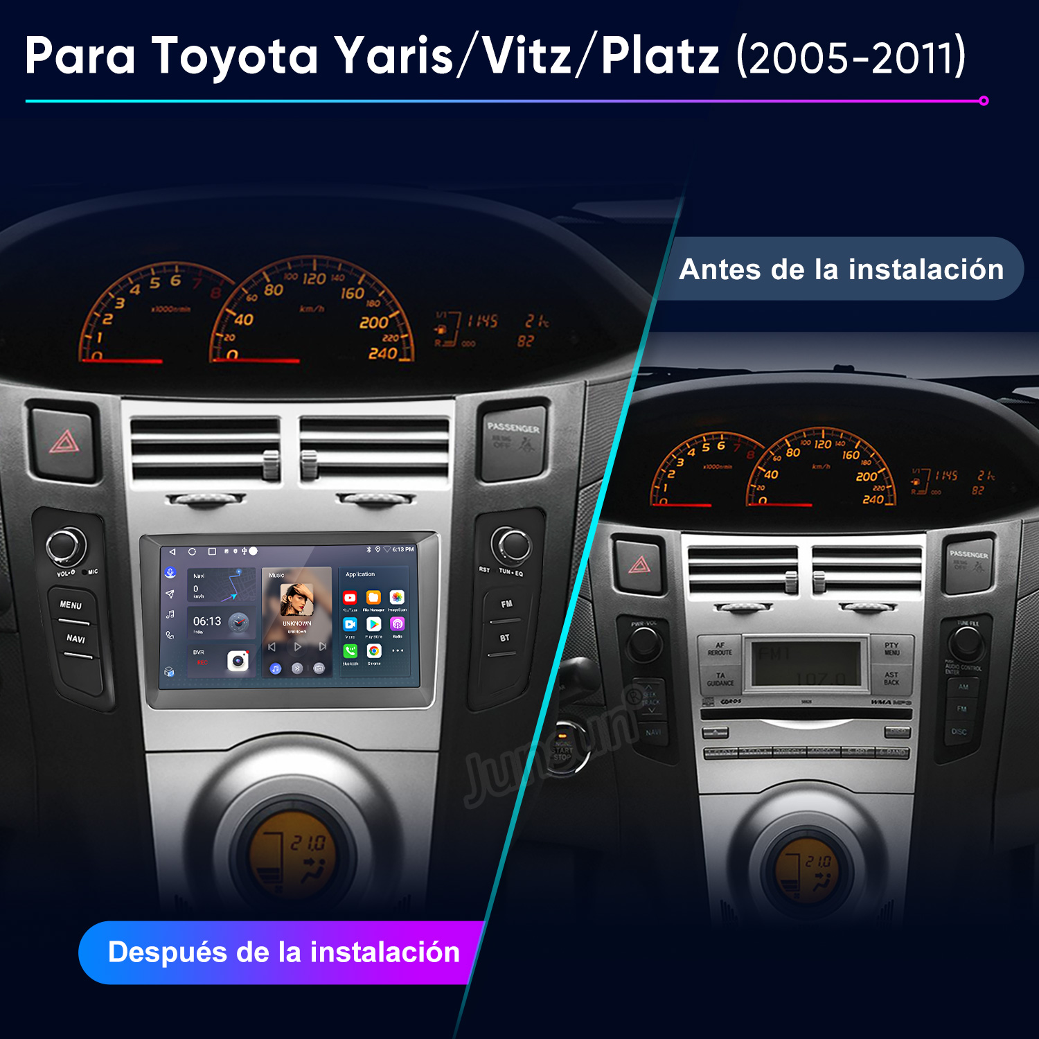 Comparación del salpicadero de un coche antes y después de instalar un sistema multimedia.