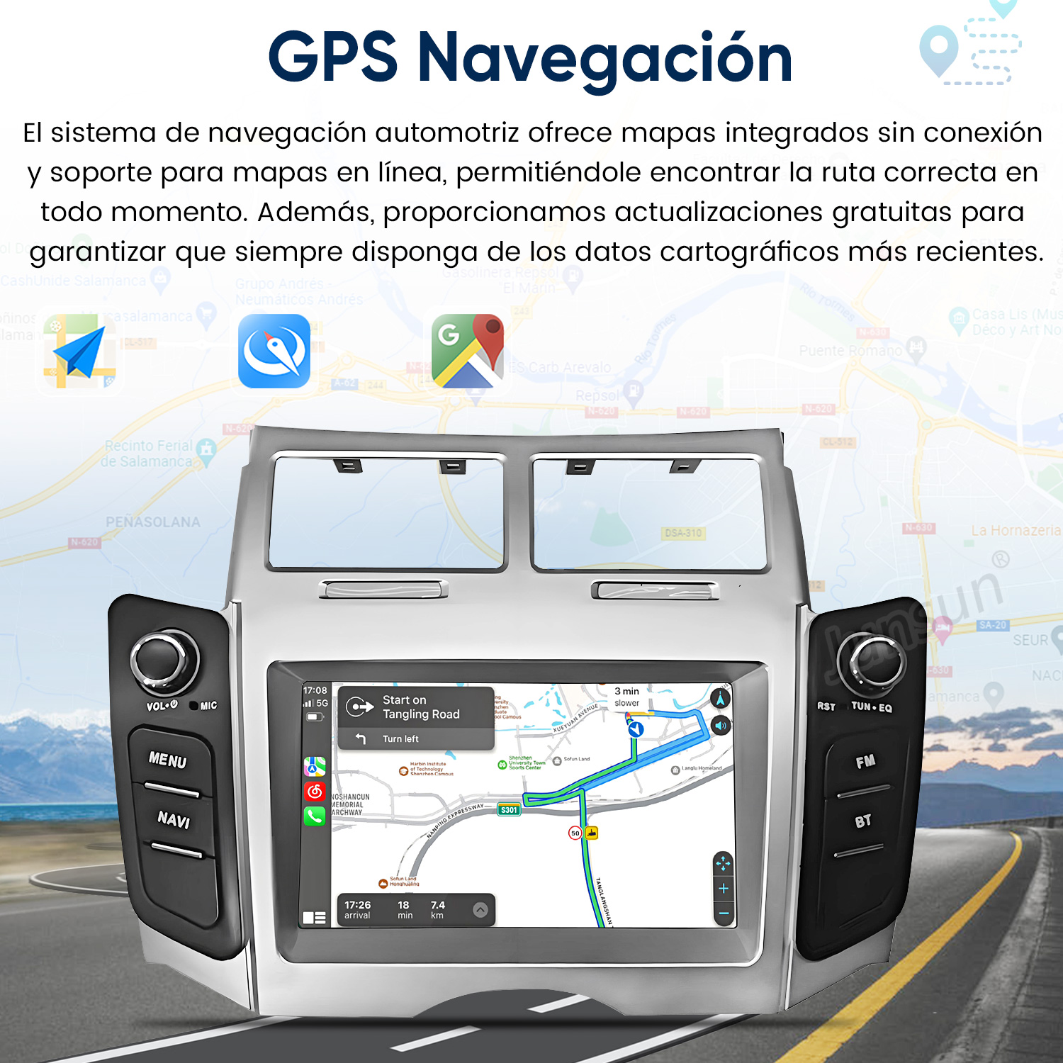 Sistema de navegación para coche con pantalla, mapas GPS y botones laterales.
