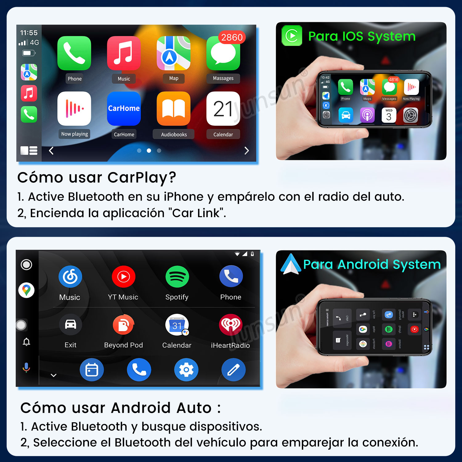 Guía instructiva sobre cómo conectar y usar sistemas CarPlay y Android Auto en pantallas de automóviles y teléfonos.